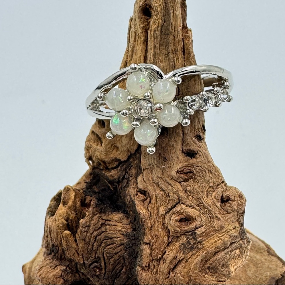Silver Tone Faux Opal and Crystal Flower Ring Size 8.5
